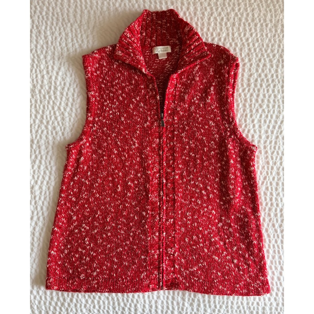 Christopher & Banks Red White Marled Knit Full Zip Sweater Vest